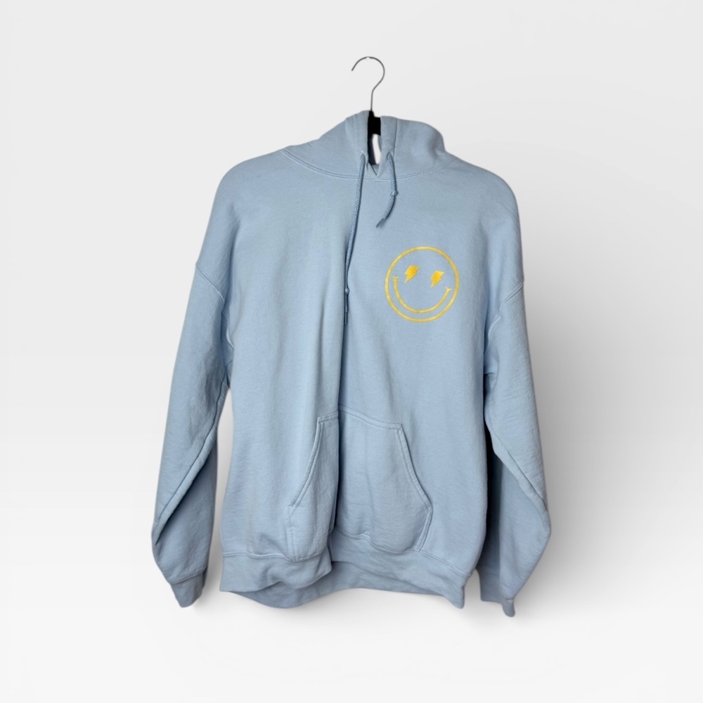 Gildan Sky Blue Size Large Smiley Face Hoodie (A)